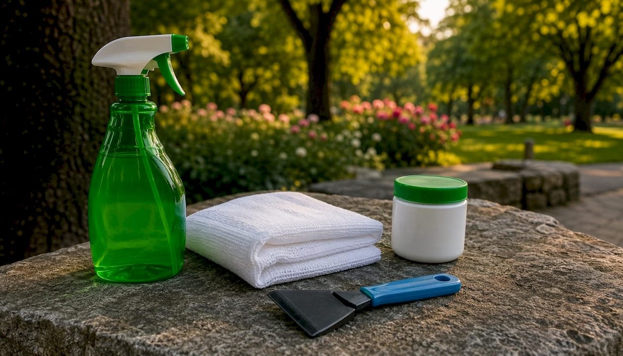 Bird dropping cleaning tools and supplies close-up