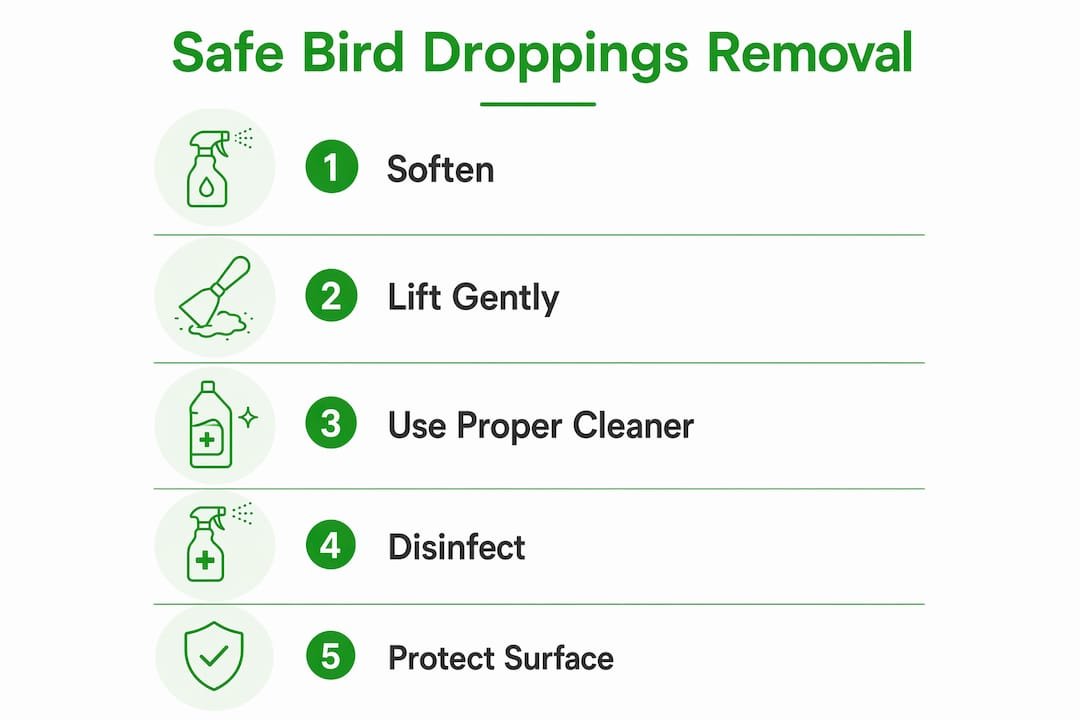 Infographic showing safe steps to remove bird droppings