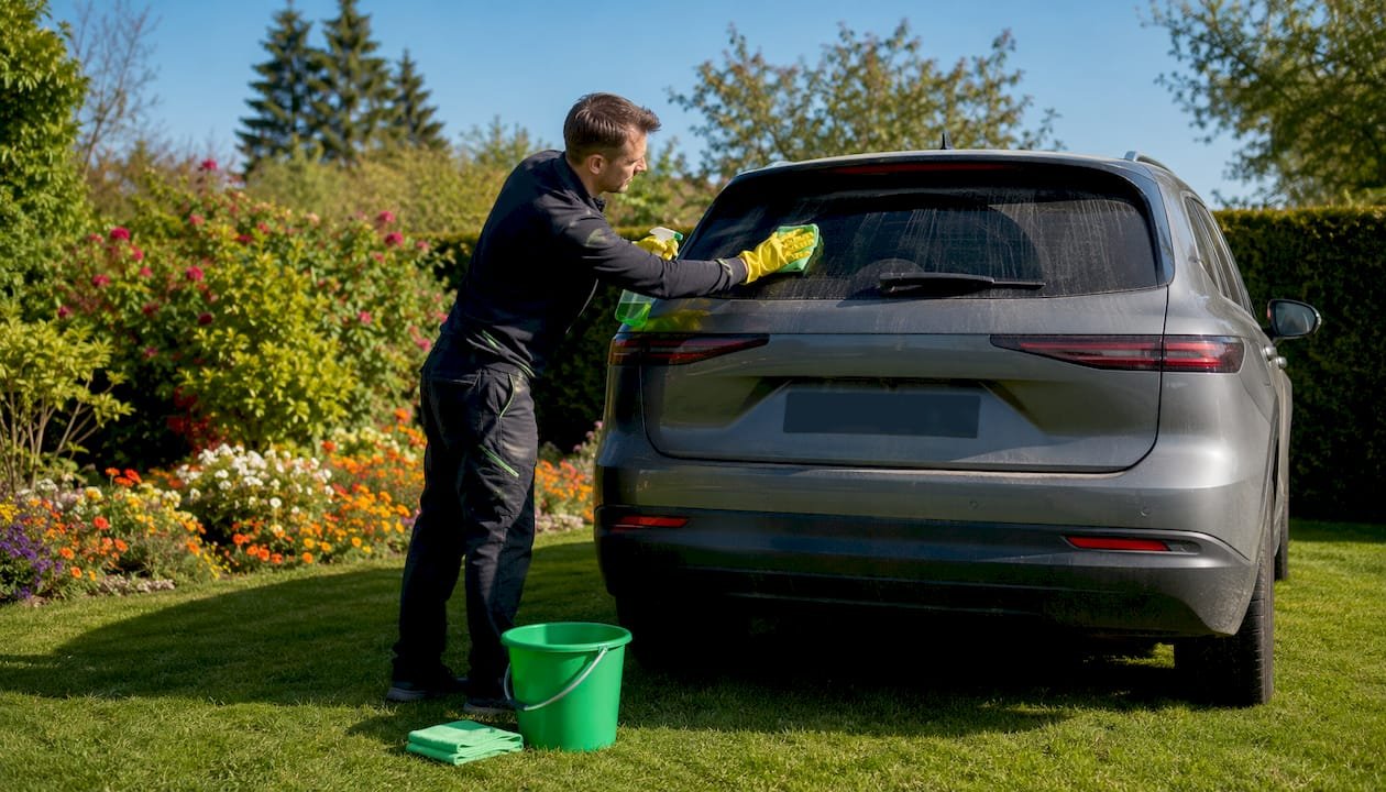 Hands spraying cleaner on car side window