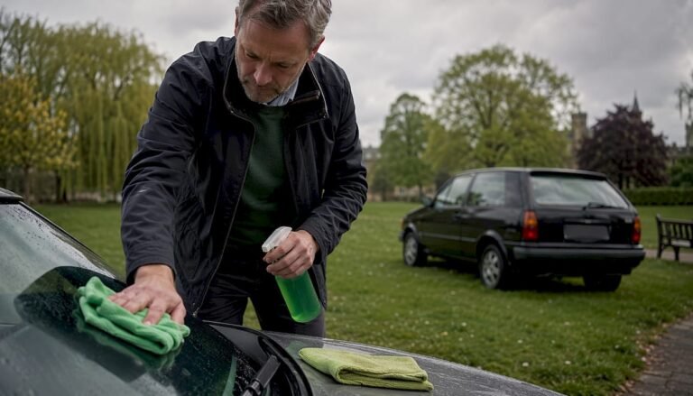 Man cleaning car windscreen with microfibre towels