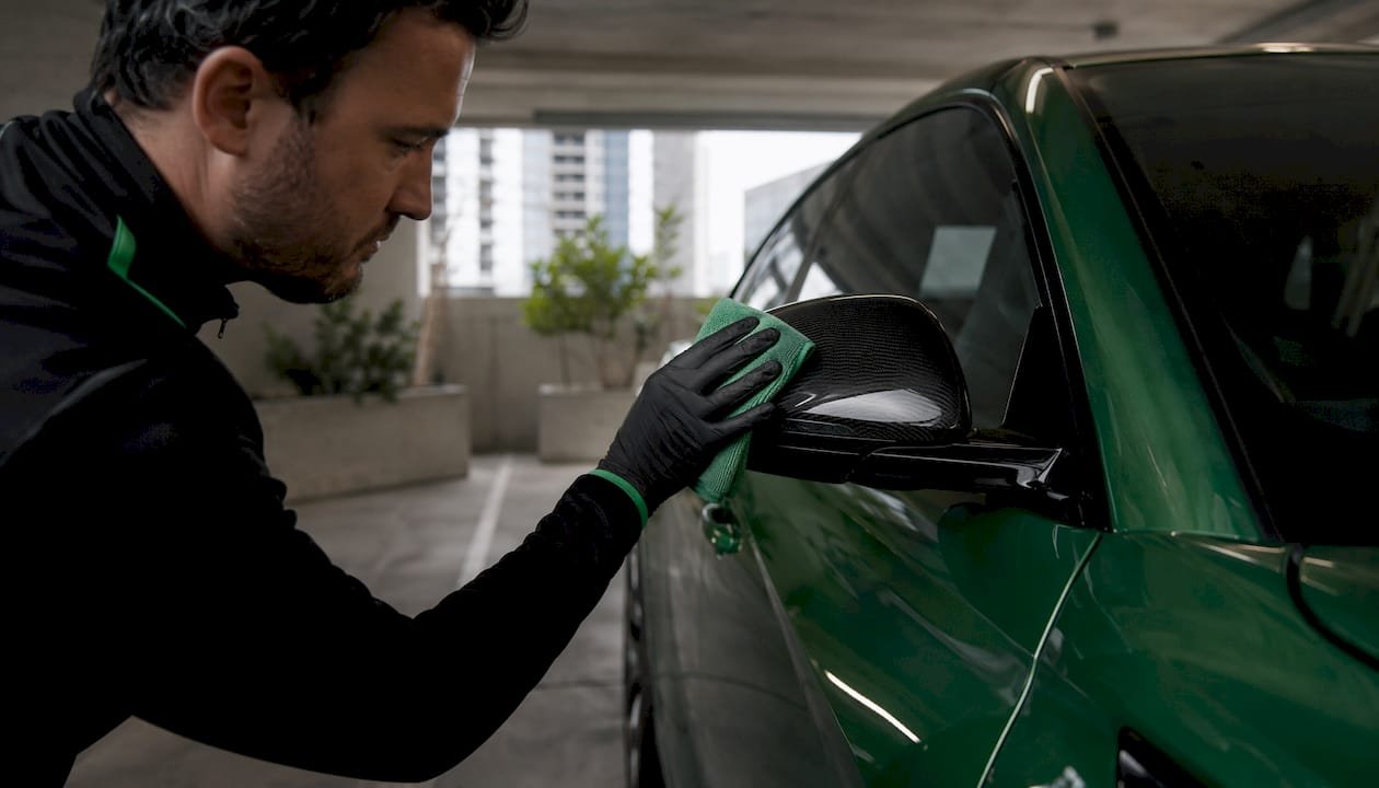 Top view of hand cleaning folded side mirror