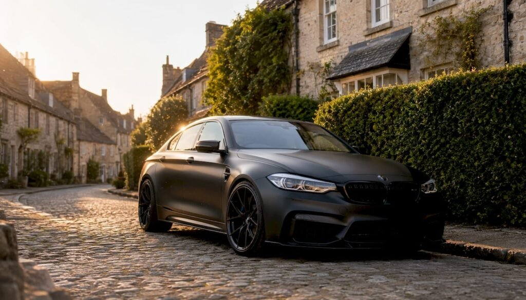 Close-up matte black car exterior panel