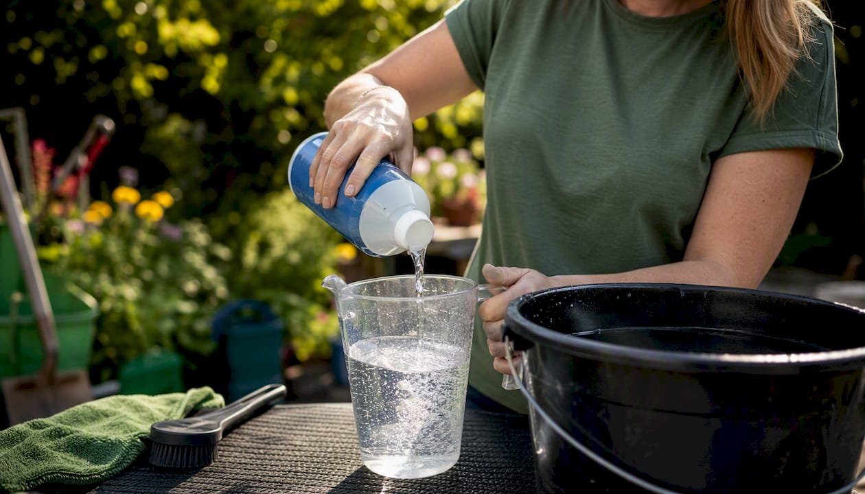 Hands mixing car shampoo dilution in bucket