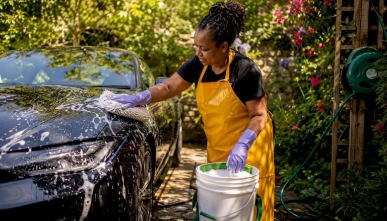Person washing ceramic-coated car with foam