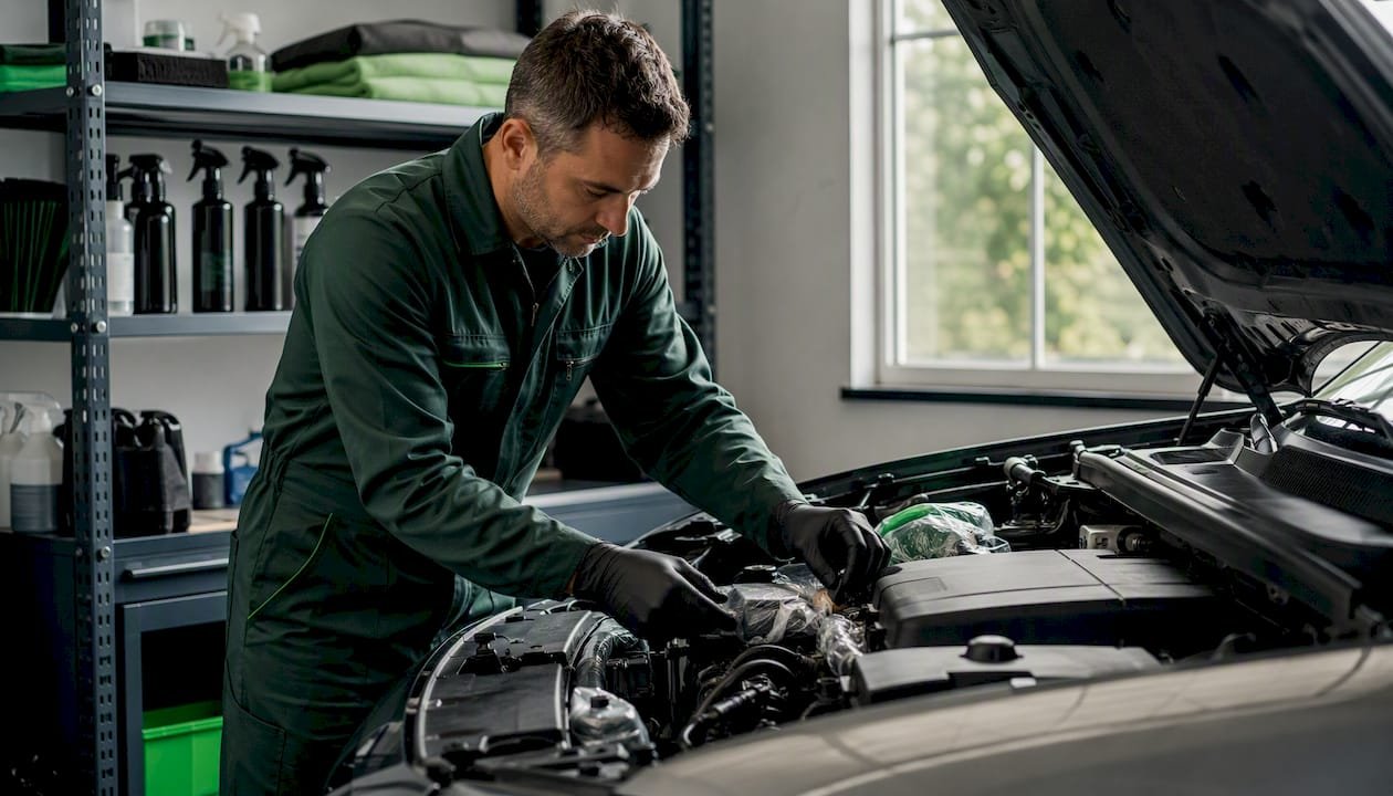 Technician preparing engine bay for cleaning