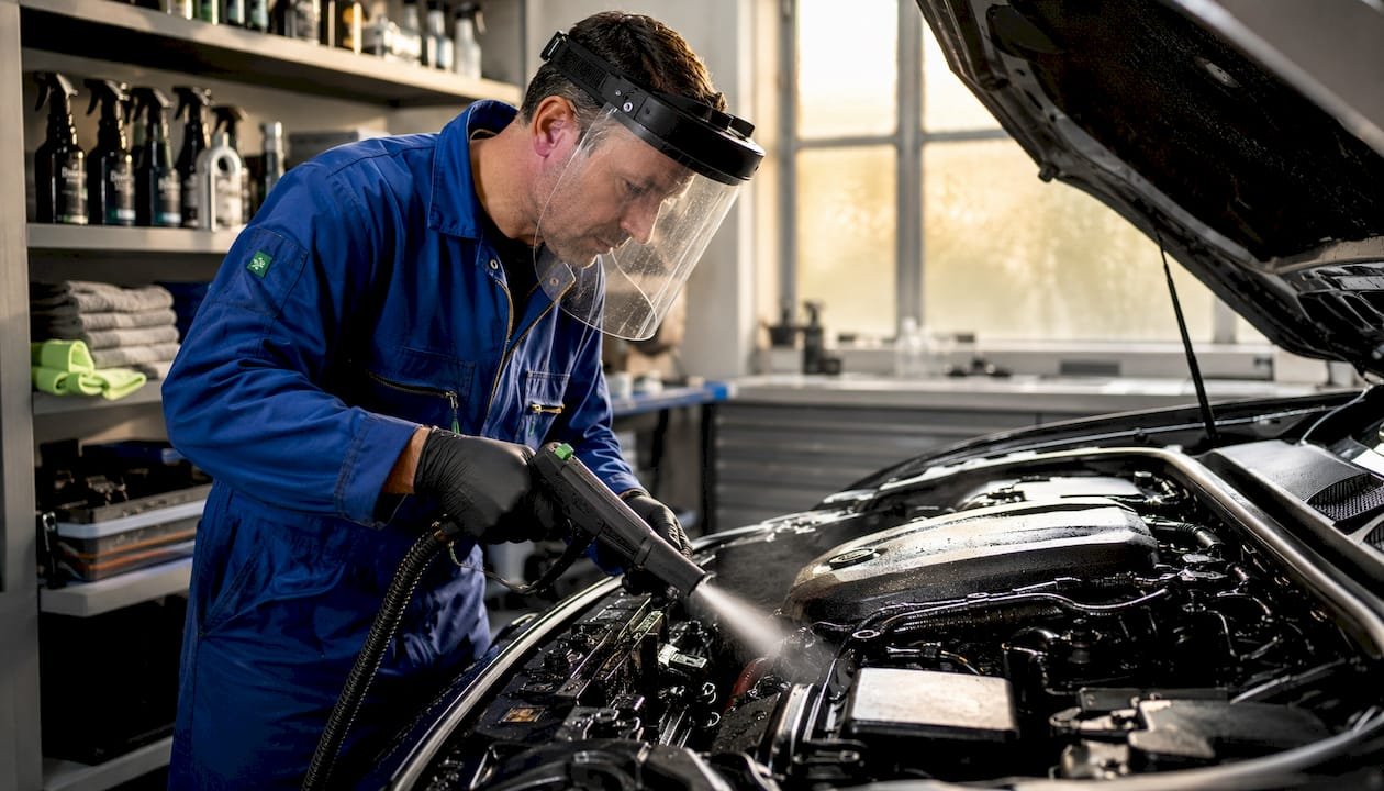 Mechanic safely steam cleaning engine bay
