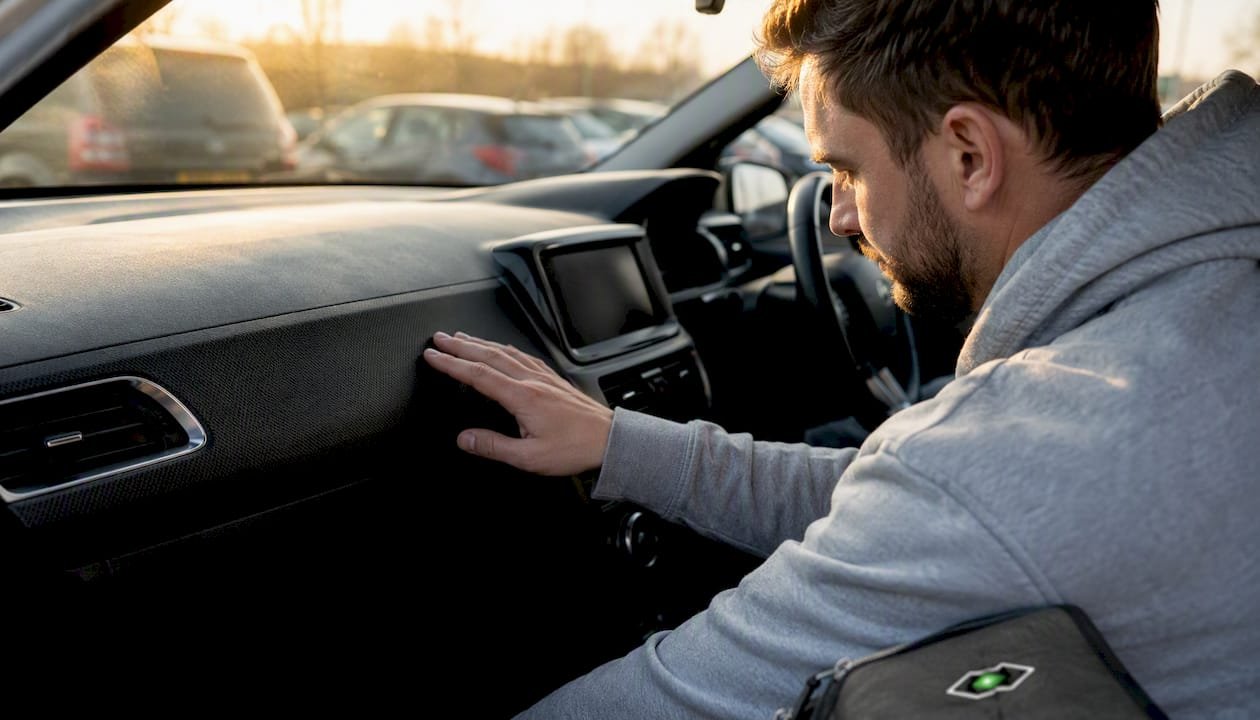 Over-shoulder view of coated car dashboard trim
