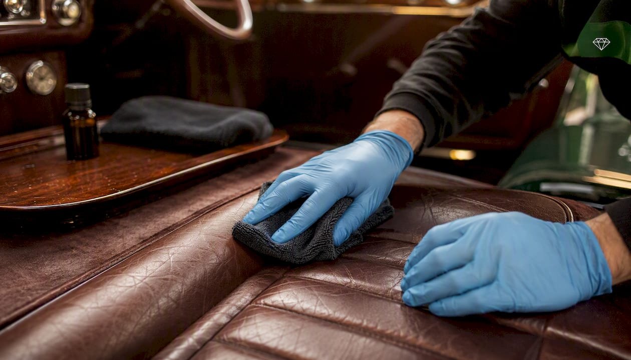 Hands wiping semi-aniline leather car seat