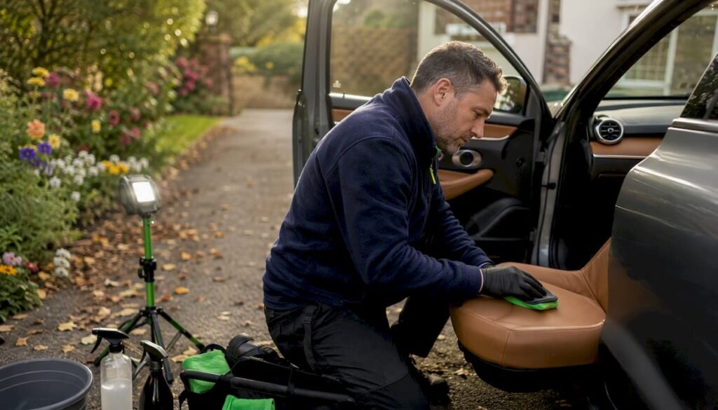 Man applying ceramic coating inside car cabin