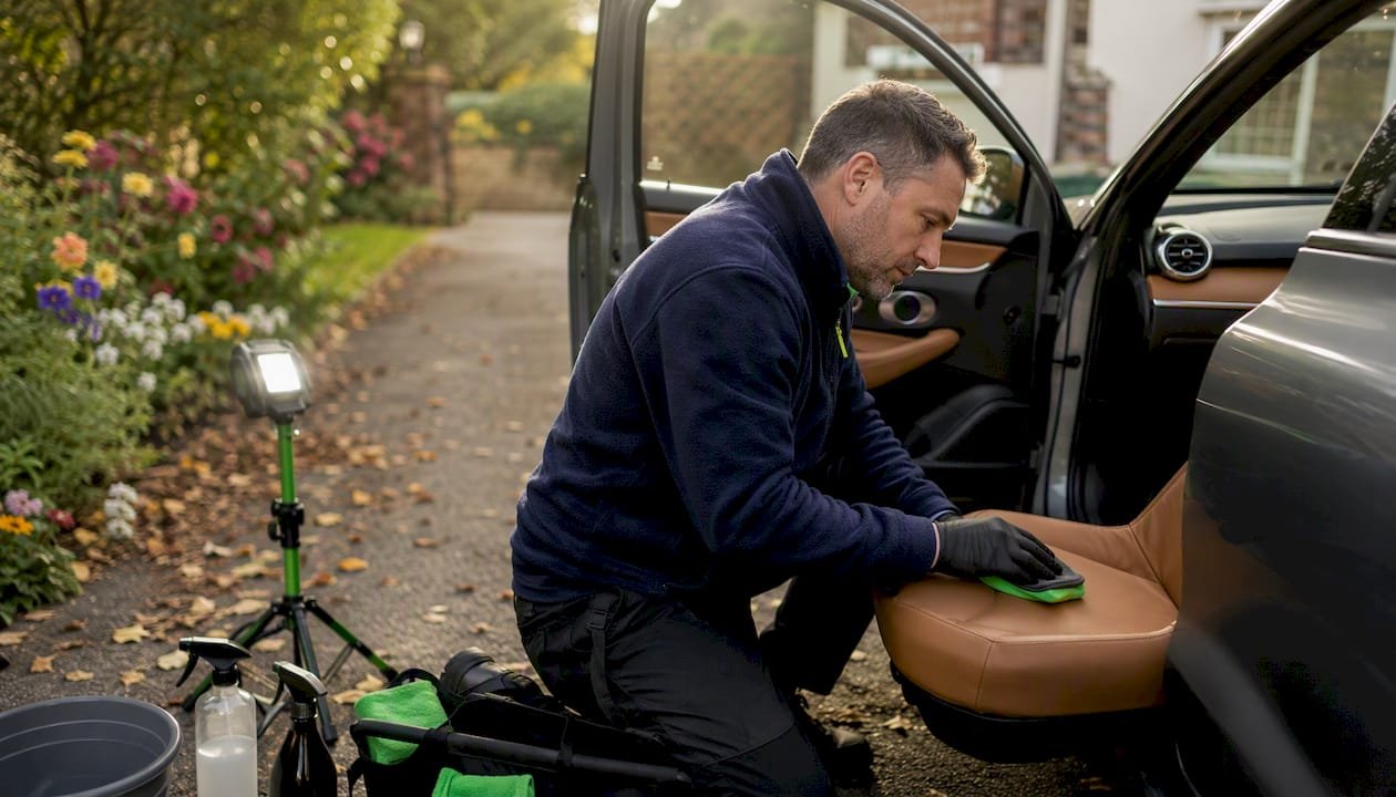 Man applying ceramic coating inside car cabin