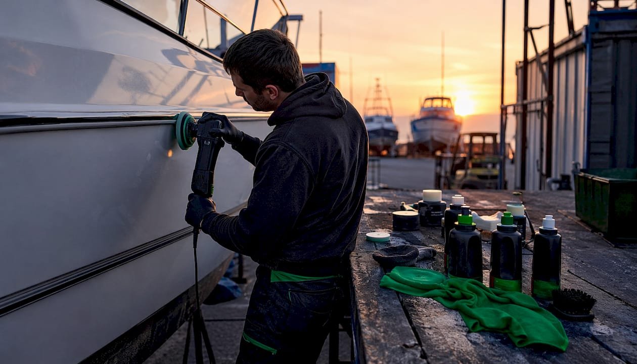 Hands polishing boat gelcoat surface