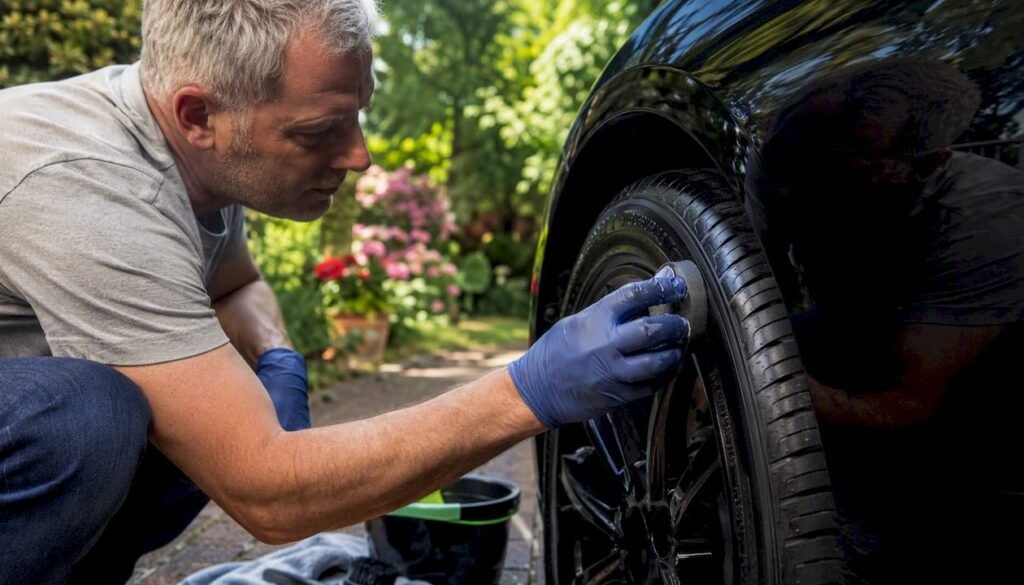 Close-up applying tyre dressing on car tire