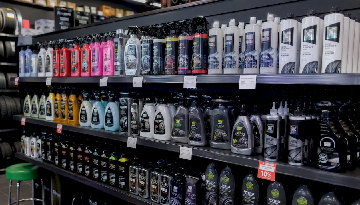 Tyre dressing products arranged on store shelf