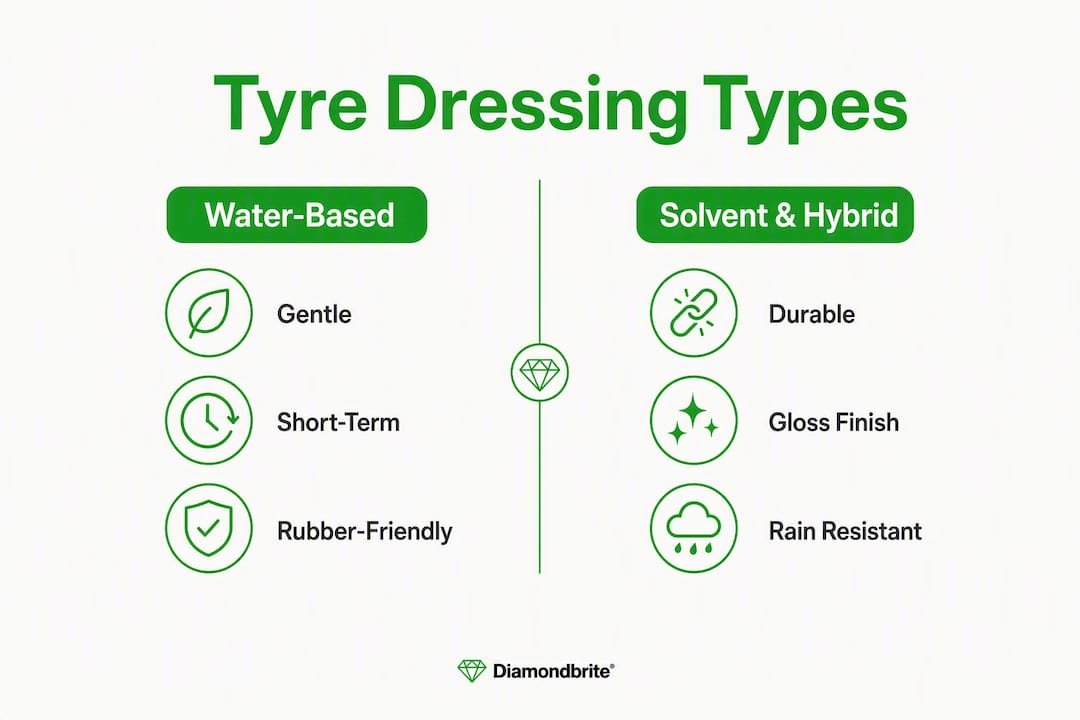Infographic comparing water-based and solvent tyre dressings