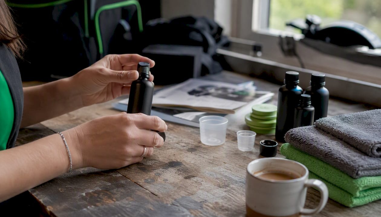 Hands assembling DIY ceramic coating kit components