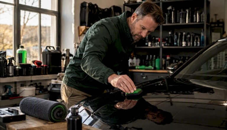 Man applying ceramic coating on car hood indoors
