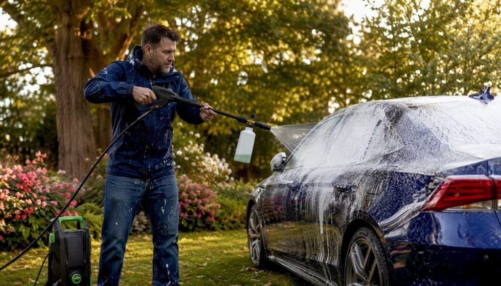 Man applying pre-wash foam on car with foam cannon