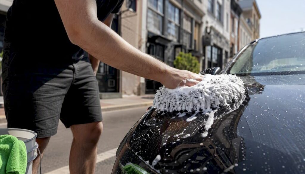 Hands washing ceramic-coated car hood