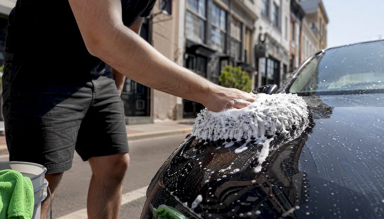 Hands washing ceramic-coated car hood
