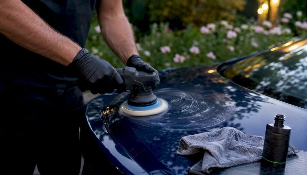 Hands polishing car paint to remove swirl marks