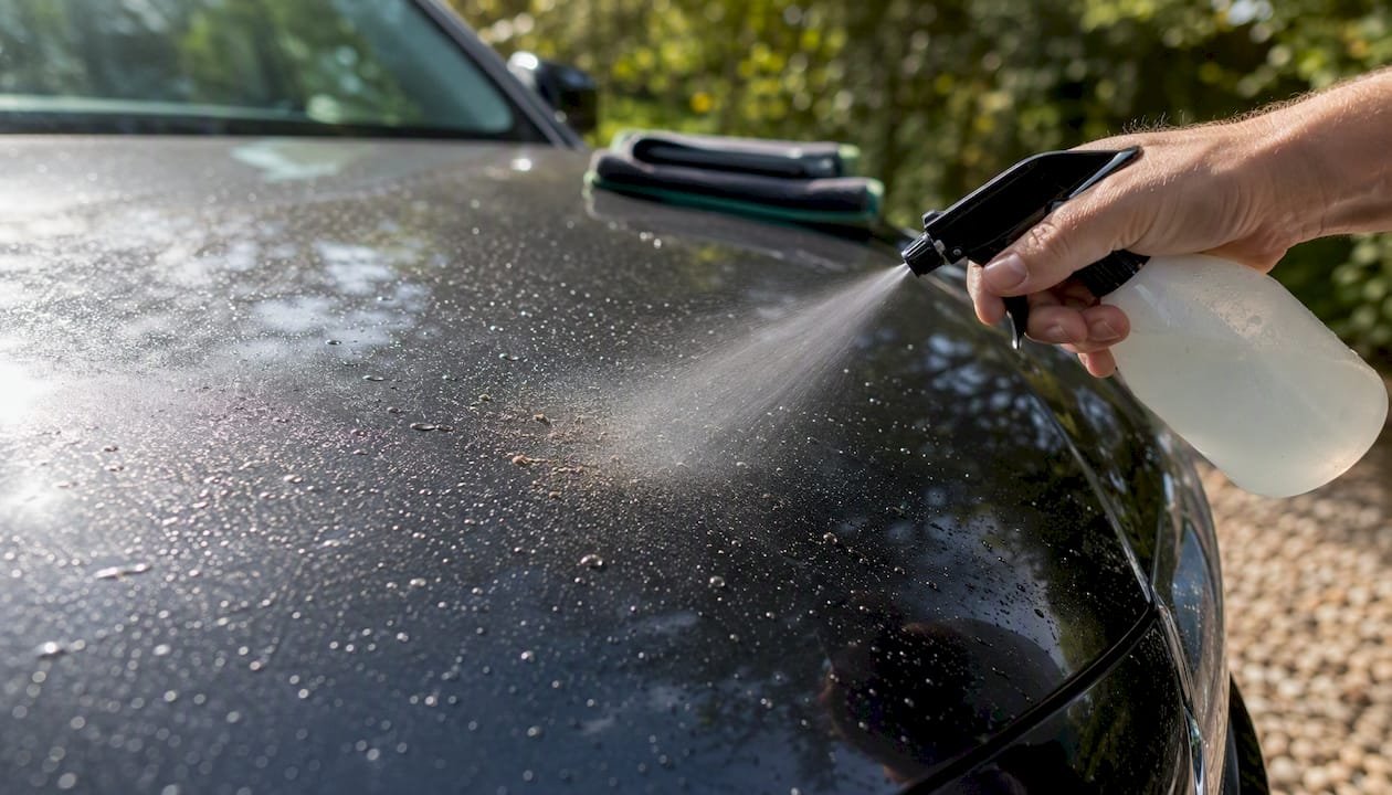 Hand spraying bug remover on car bonnet