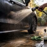 Car panel rinsed gently in shade with washing tools