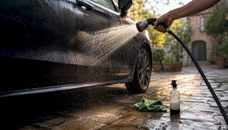 Car panel rinsed gently in shade with washing tools