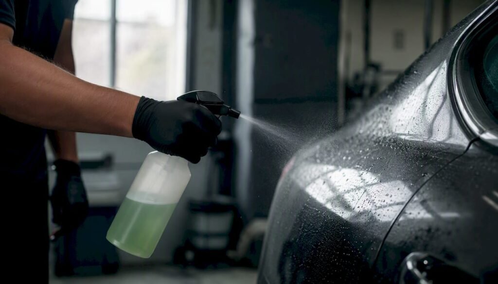 Spraying Traffic Film Remover on car paint