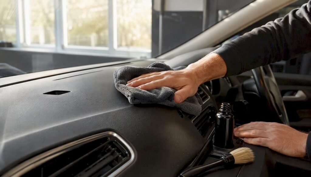 Hands cleaning car dashboard with cloth