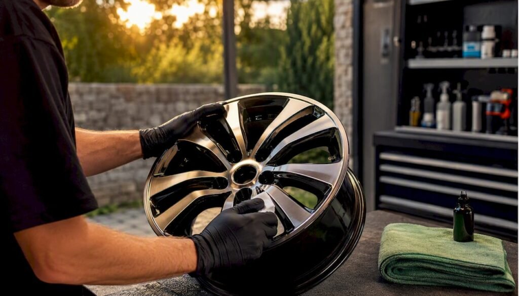 Hands applying ceramic coating to alloy wheel