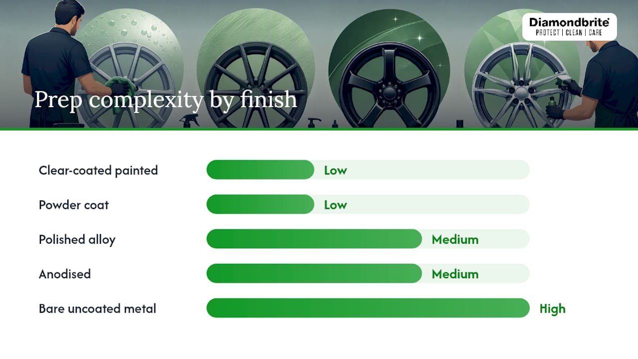 Diagram comparing ceramic coating prep by wheel finish type
