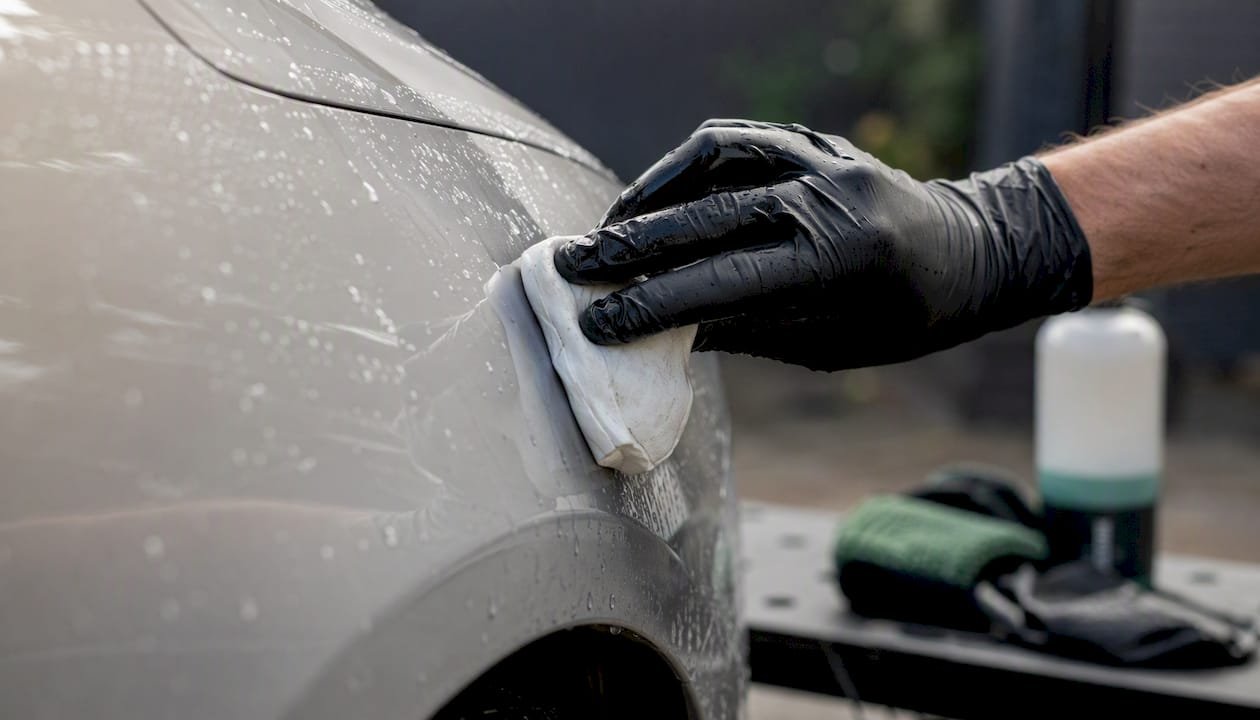 Hand using clay bar on car paint