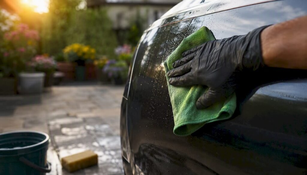 Hand wiping car door to remove water spots