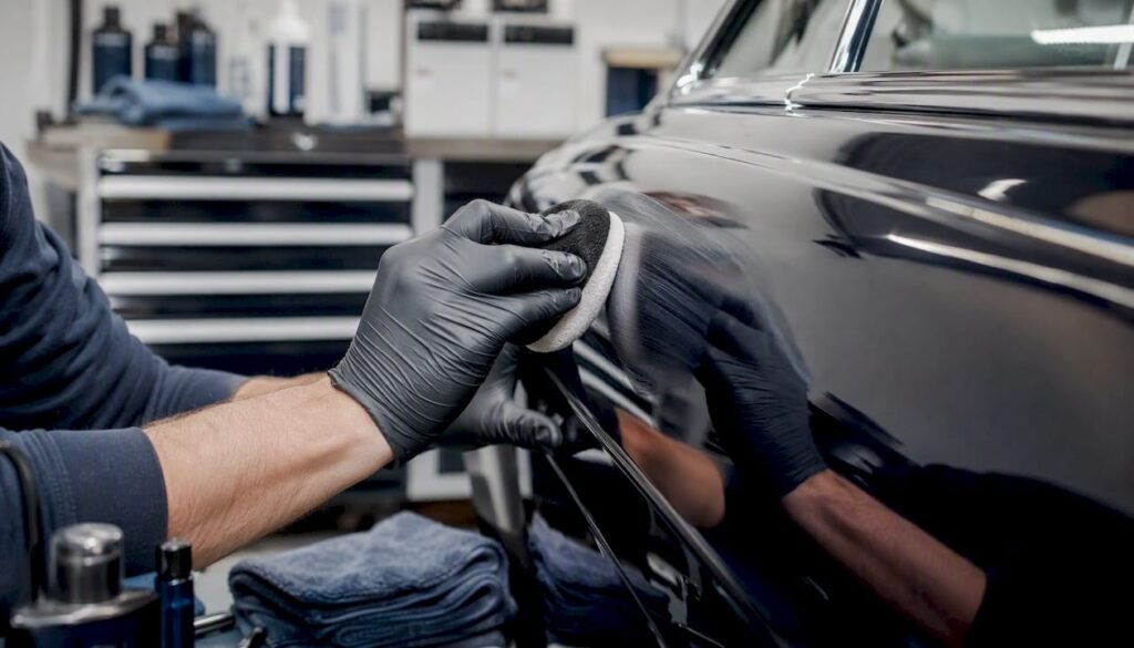 Hands applying polish to car paint