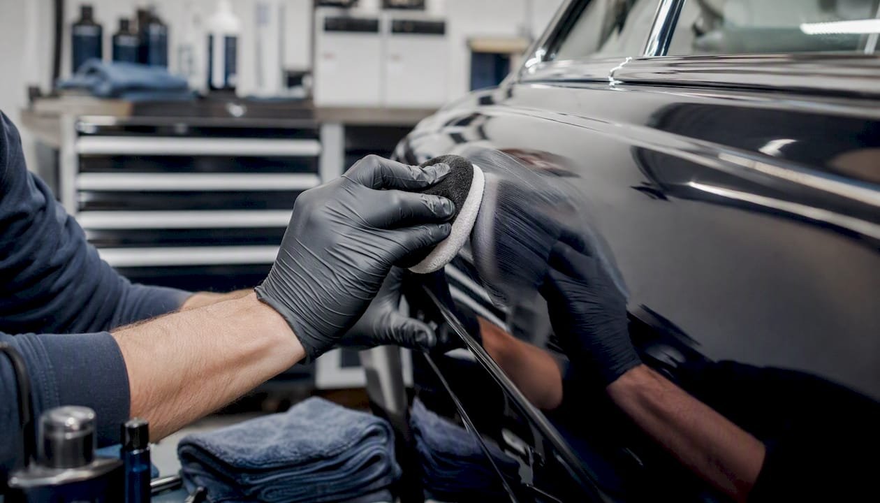 Hands applying polish to car paint