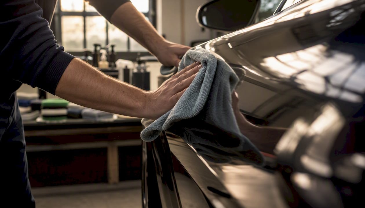 Hand wiping polished car panel with microfibre towel