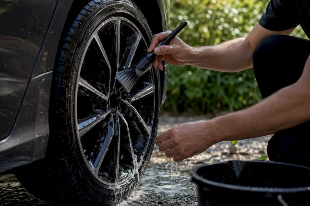 Hands washing ceramic coated alloy wheel carefully