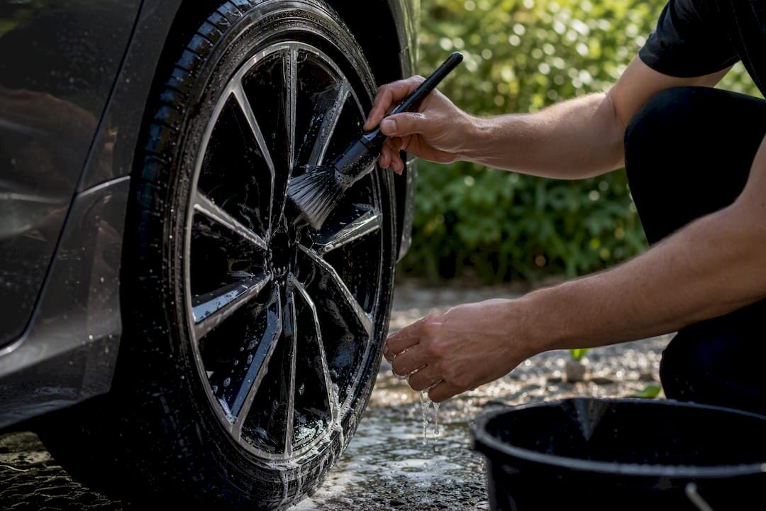 Hands washing ceramic coated alloy wheel carefully