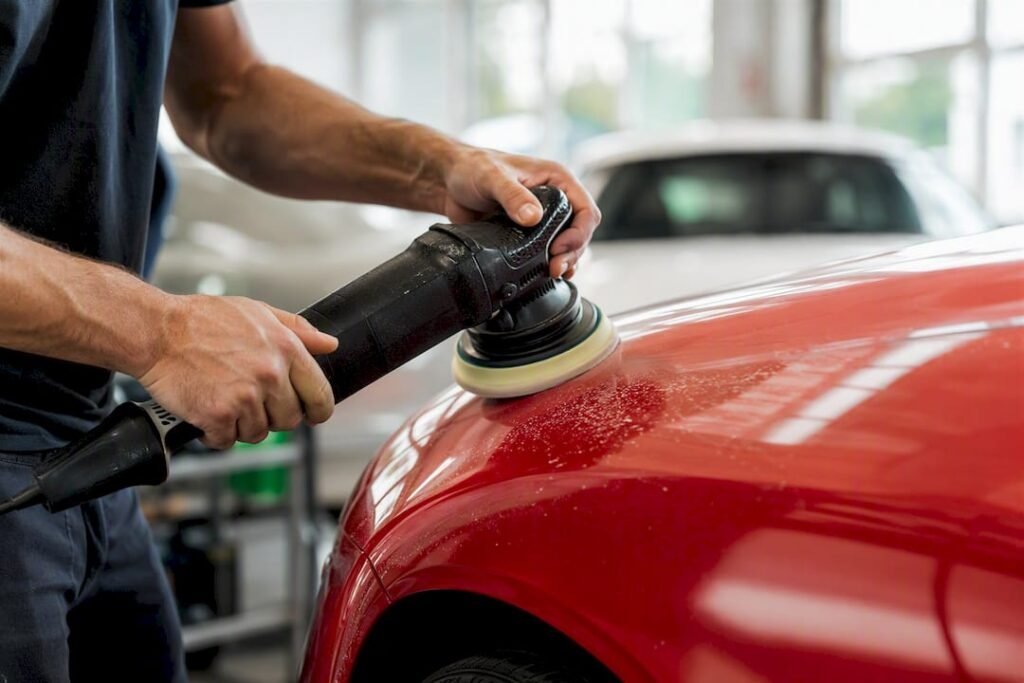 Hands polishing car panel to remove coating
