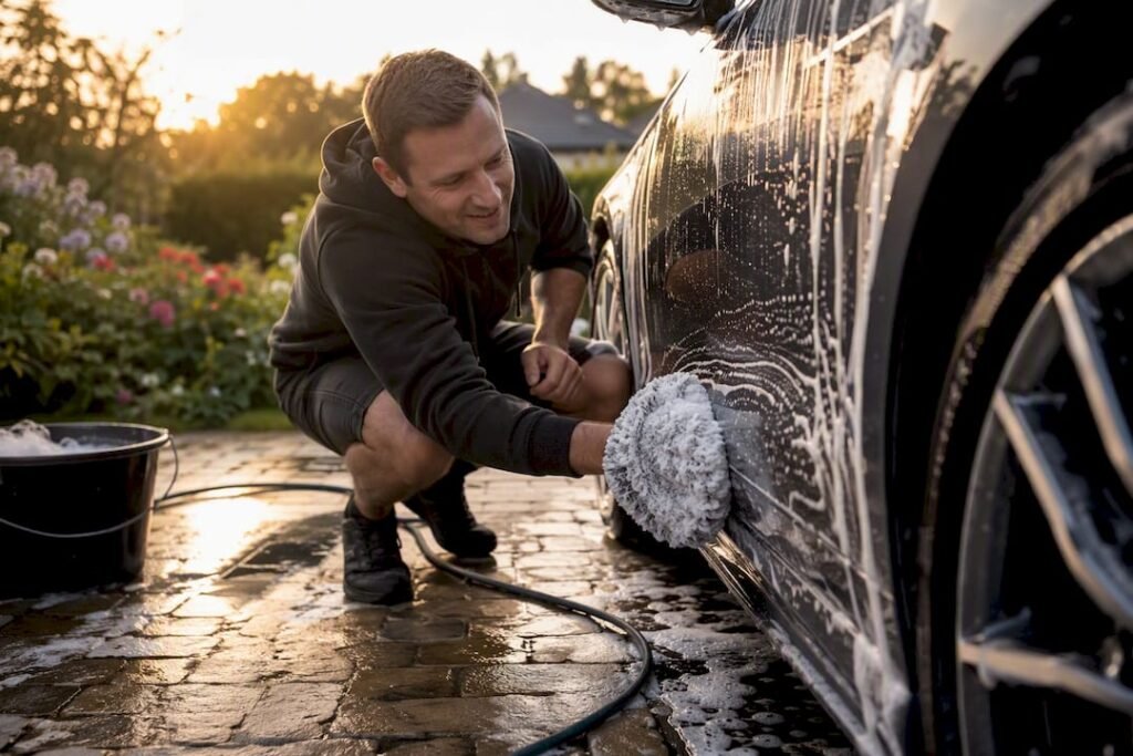 Hands washing car paint with ceramic shampoo foam