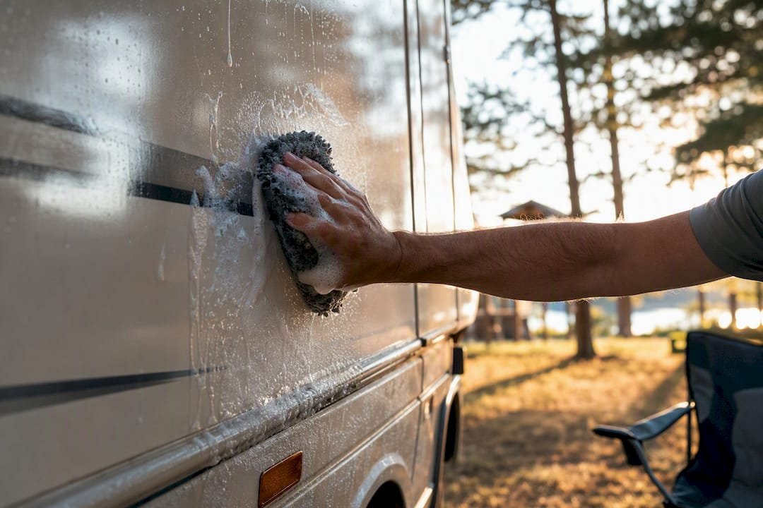 Hand washing caravan exterior with foam wash
