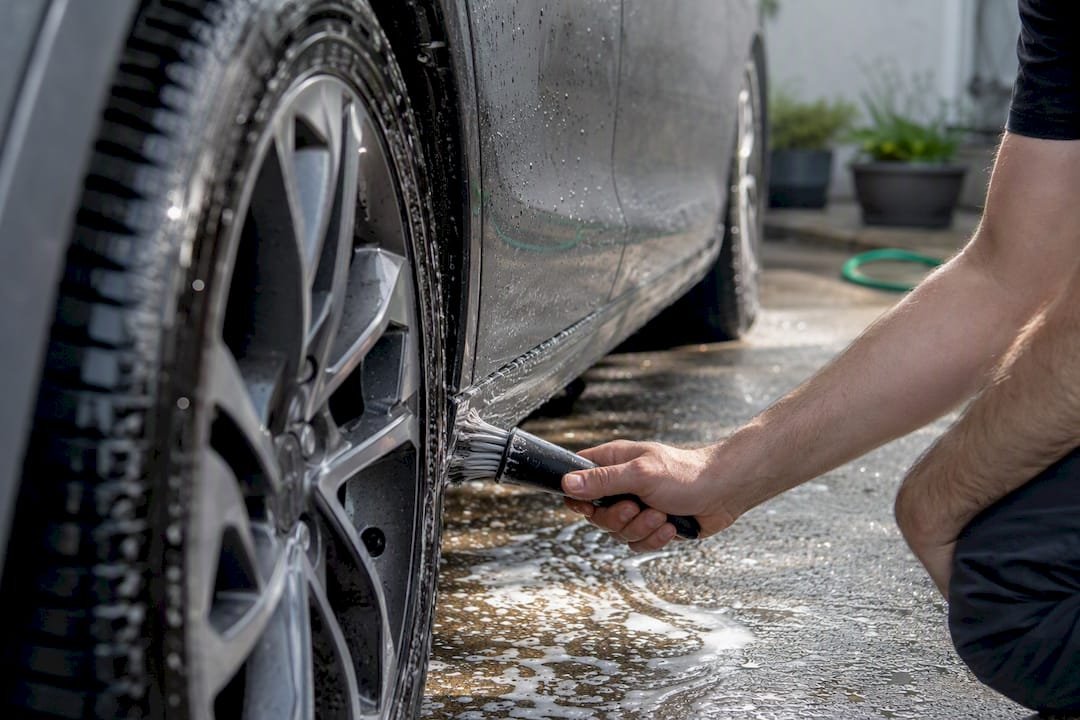 Hands brushing dirt from car wheel arch