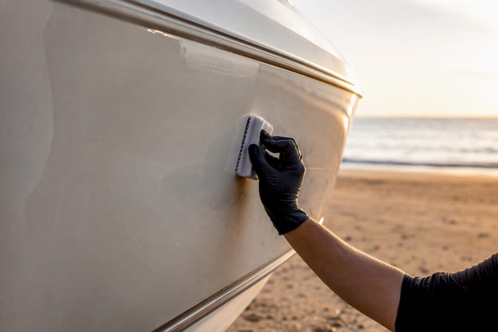 Hand applying protective coating on boat gelcoat