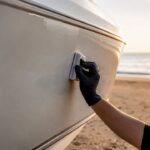 Hand applying protective coating on boat gelcoat