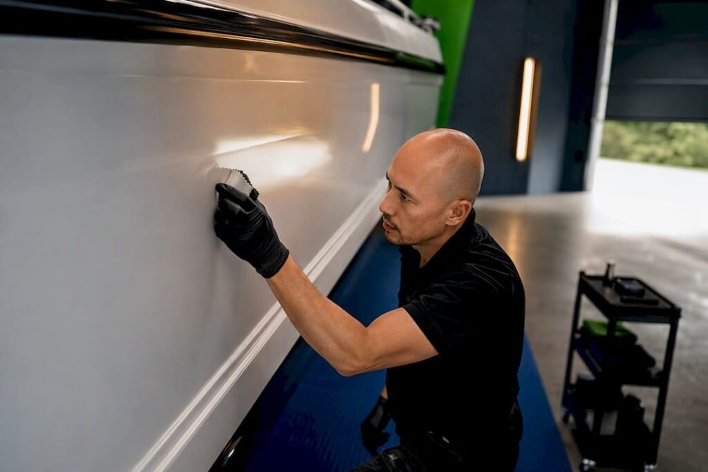 Detailer applying ceramic protection to motorhome gelcoat