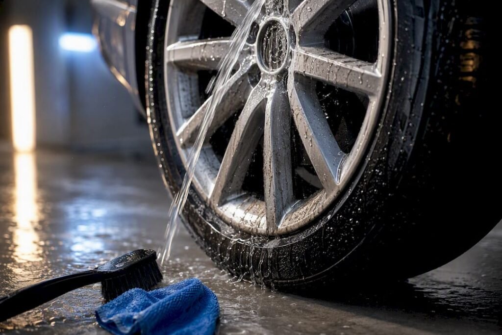 Brake dust being rinsed from alloy wheel
