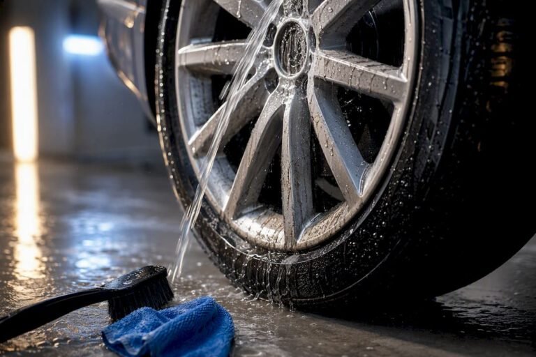 Brake dust being rinsed from alloy wheel