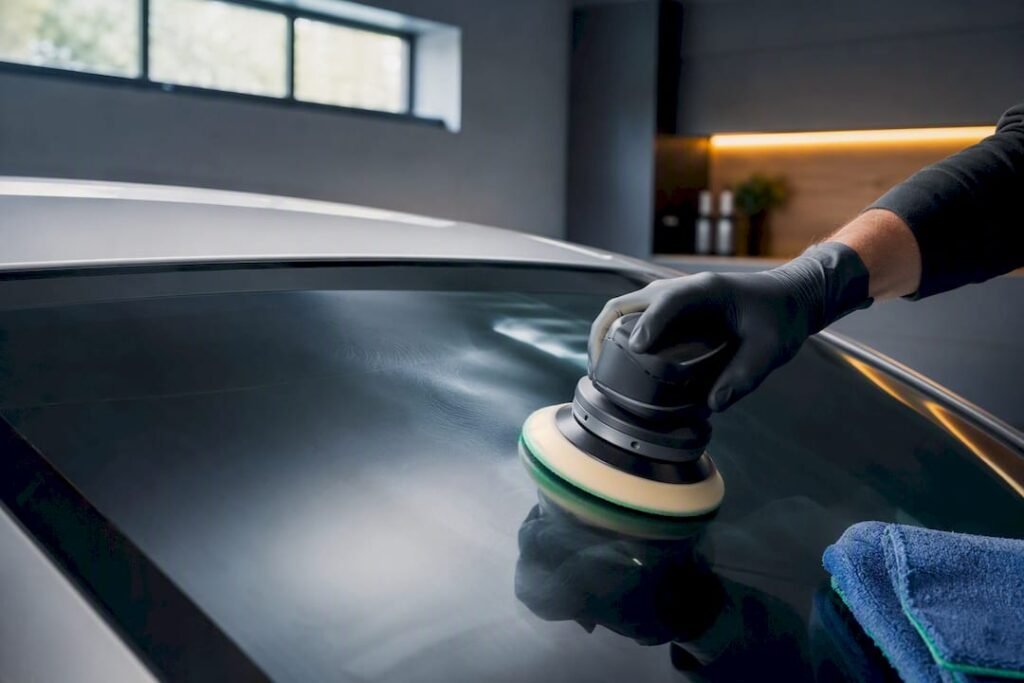 Detailer safely polishing a windscreen