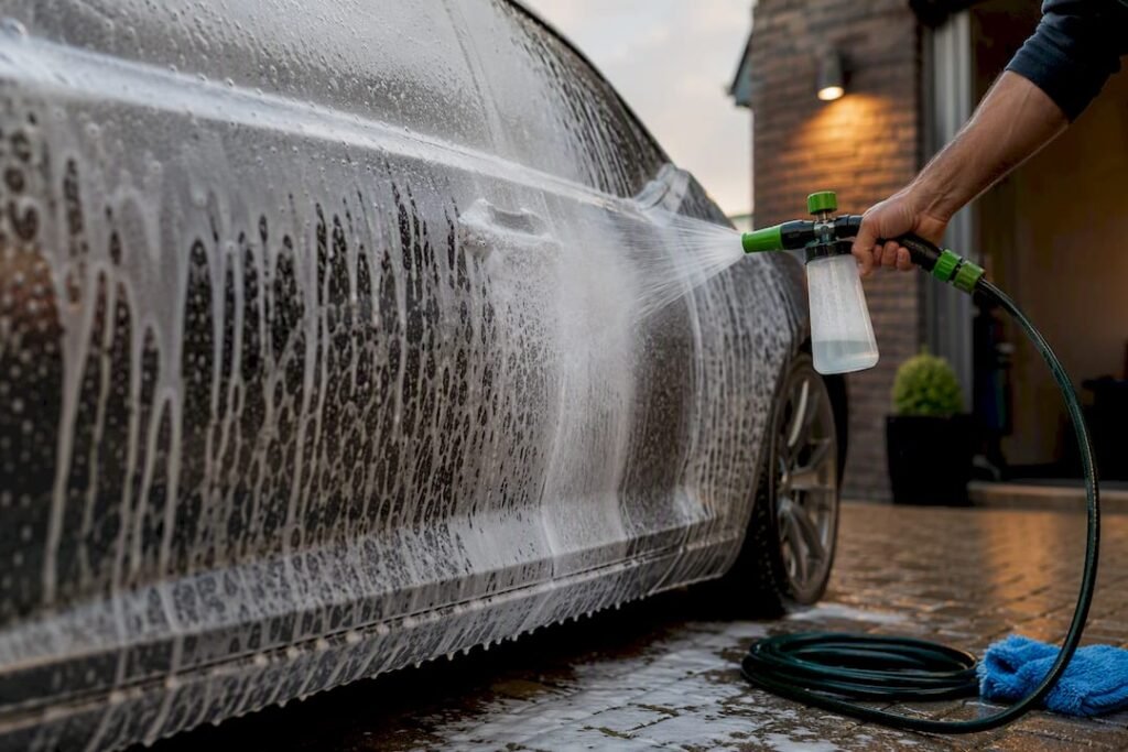 Garden hose applying foam to car paint