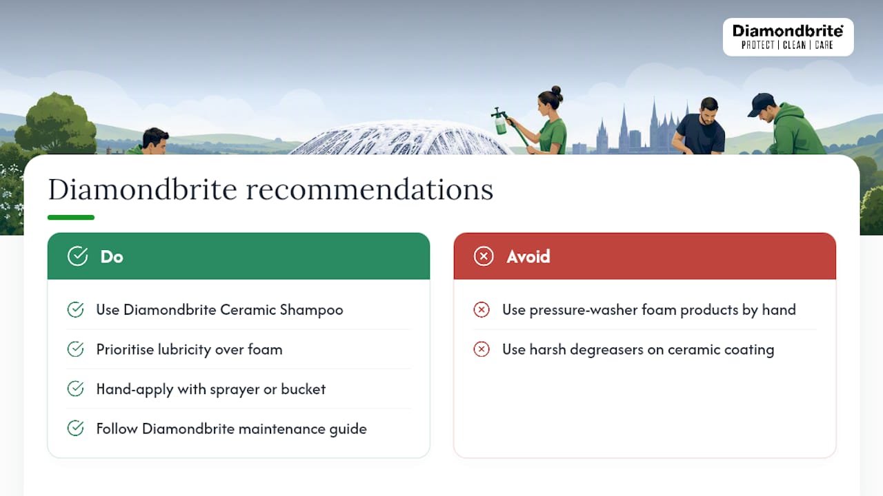 Diamondbrite's recommendations for pressure washer free snow foaming — overview diagram